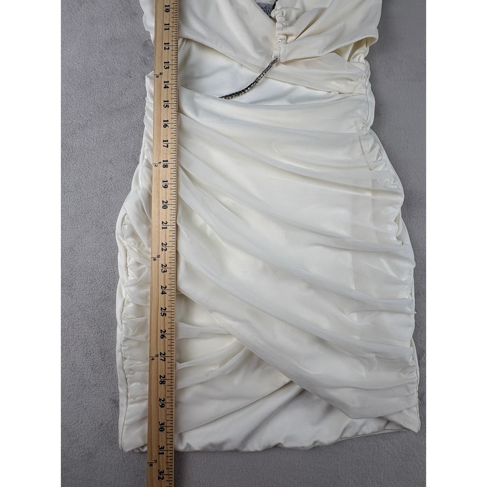 Oh Polly Ivory Ruched Mesh Mini Dress Rhinestone Chain Cutout One Shoulder US 4 - Picture 4 of 10